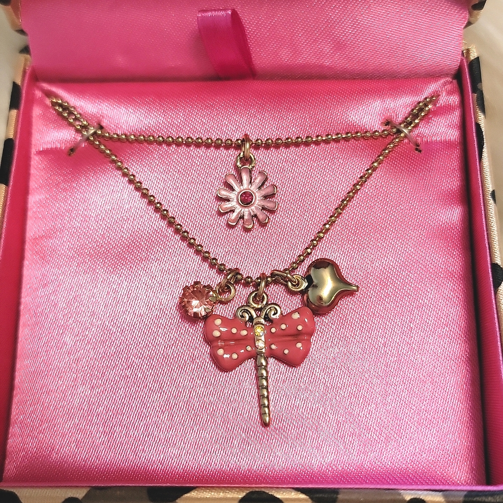 NWT Betsey Johnson Double Chain Dragonfly & Flower Vintage Necklace